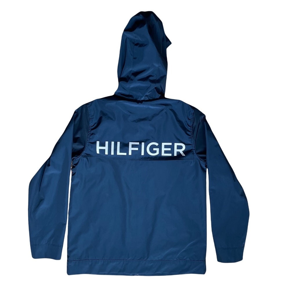TOMMY HILFIGER Navy Sport Hooded Full Zip Windbreaker Jacket With Spellout Sz XS